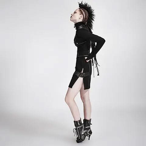 Seitenansicht des schwarzen Mohawk Haarteils mit Bändern und geflochtenen Elementen