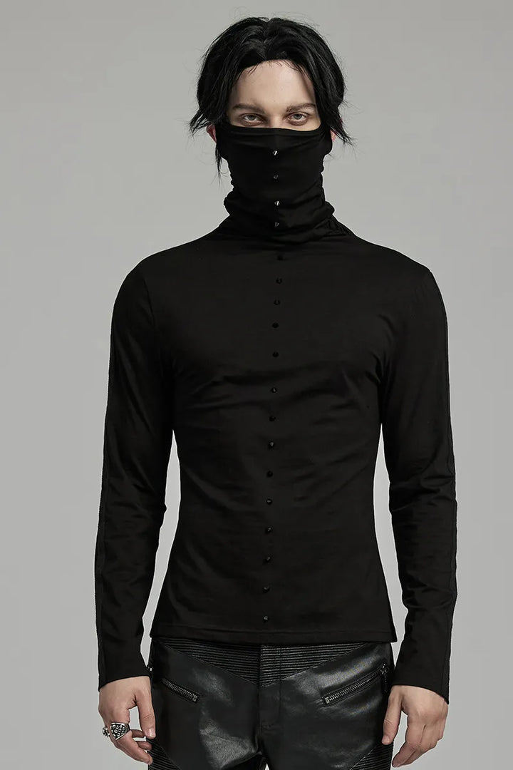 Schwarzes Gothic Herren Longsleeve von Punk Rave mit hohen Kragen und Killernieten – Frontansicht