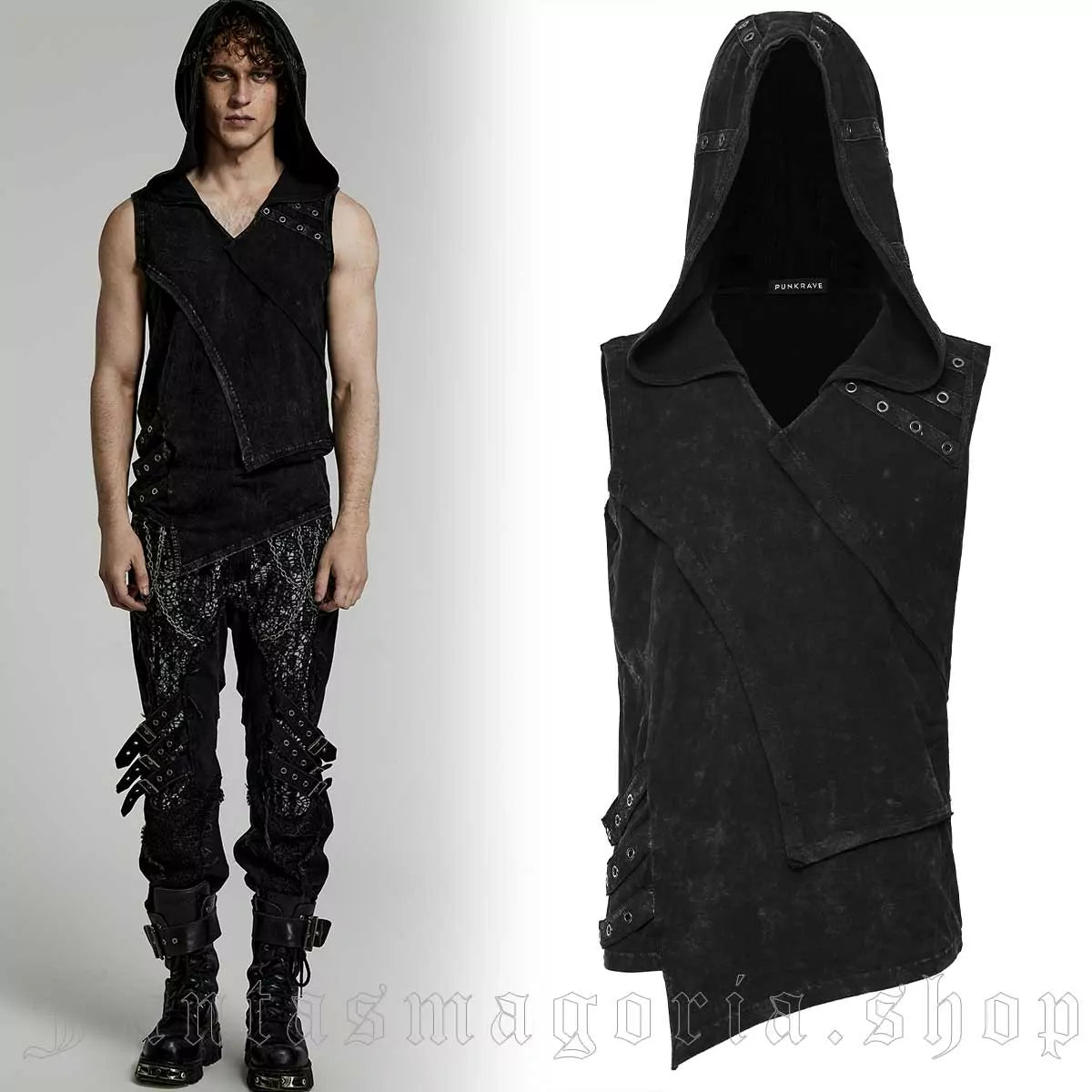 Punk Rave Herren Tank Top mit Kapuze – Distressed Look, asymmetrisch, schwarz.