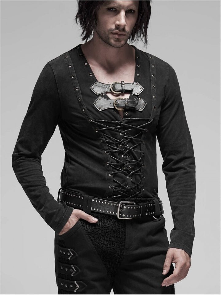 Schwarzer Steampunk Pullover mit Schnürung und Schnallen, Frontansicht