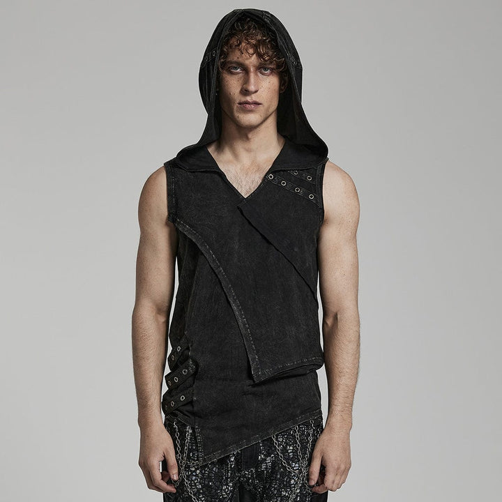 Schwarzes Herren Tank Top mit Kapuze und Distressed-Details von Punk Rave