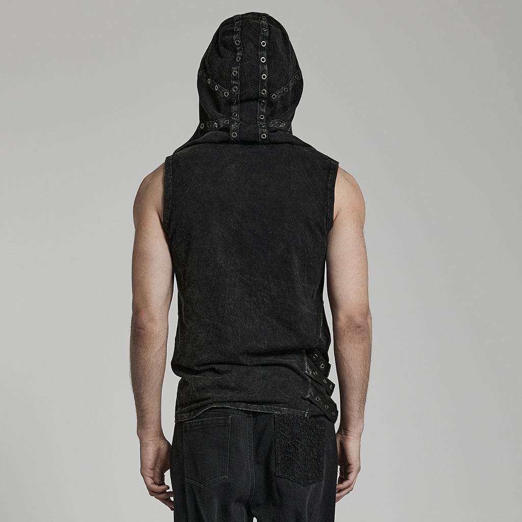 Punk Rave Herren Tank Top mit Kapuze – Distressed Look, asymmetrisch, schwarz.