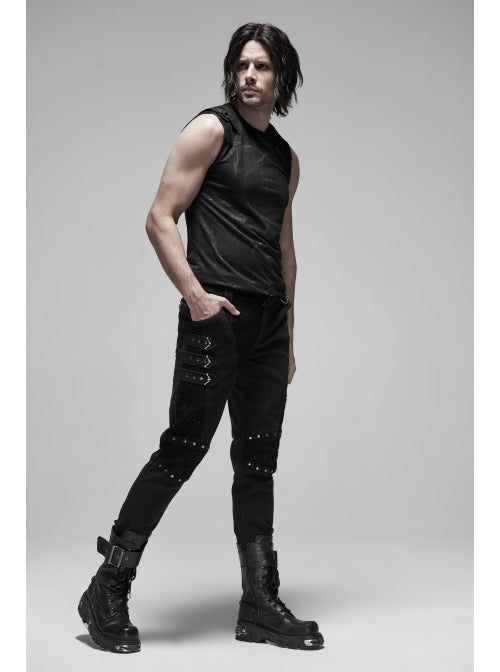 Schwarze Gothic Herrenhose mit Netz, Nieten und Schnallen von Punk Rave, Frontansicht