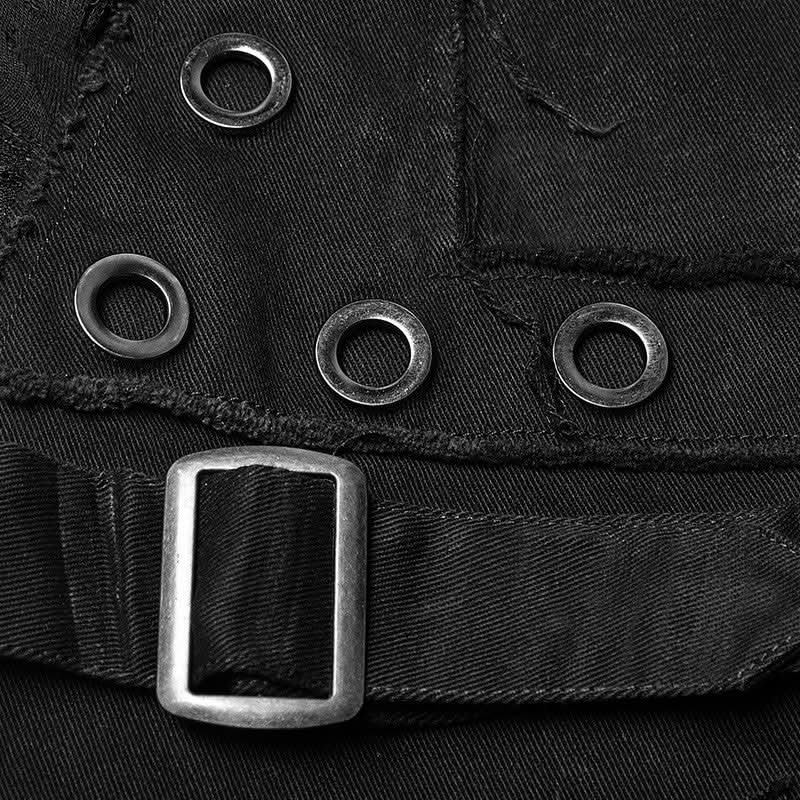Schwarze Herren-Jeans von Punk Rave mit D-Ringen, Riemen und markantem Used-Look