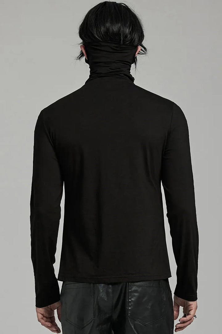 Rückansicht des schwarzen Punk Rave Longsleeves mit hohen Kragen und Nieten