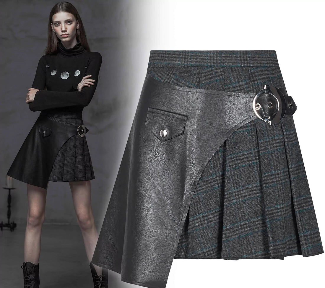 Asymmetrischer Minirock: graublauer Tartan und schwarze Vegan-Leder-Partie mit Schnalle
