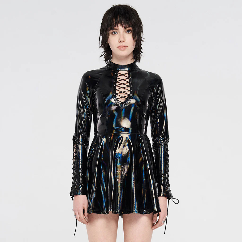 Holografisches Gothic Minikleid Electric Lollipop von Punk Rave mit Schnürung