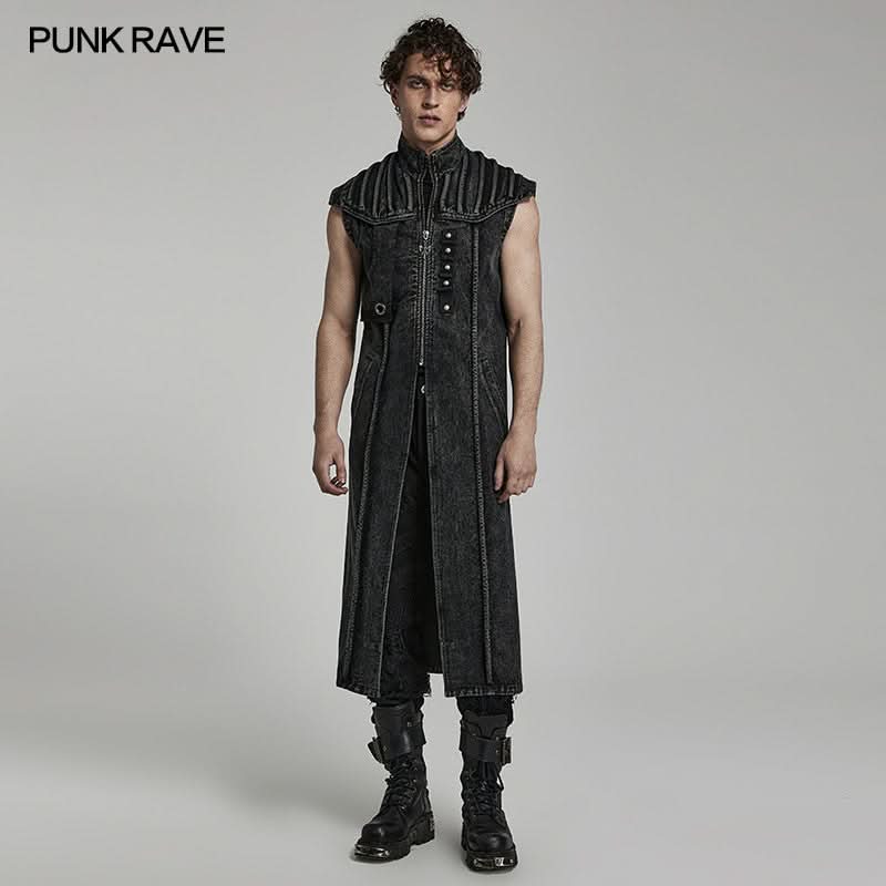 Lange schwarze Gothic-Weste von Punk Rave für Herren – Frontansicht