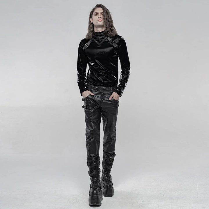 Schwarze Gothic Herrenhose in Lederoptik mit Riemen, Schnallen und Slim-Fit-Schnitt
