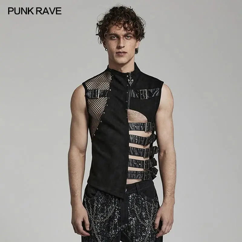 Schwarze Punk-Rave-Weste vorne, asymmetrischer Schnitt mit Cut-Outs, Leder-Riemen und Netz