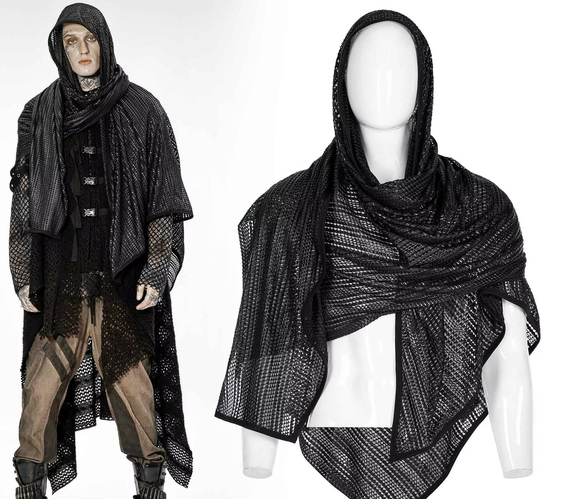 Schwarzer Punk Rave Umhang mit Kapuze aus Netz-Strick
