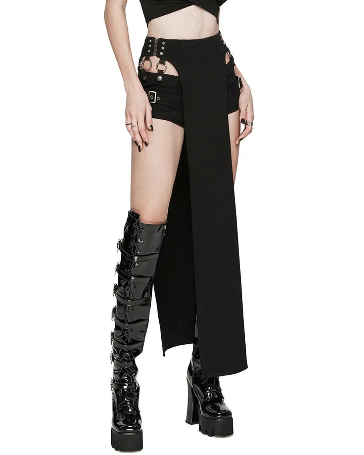 Schwarze Punk Rave Shorts mit abnehmbarem Rock, Vorderansicht