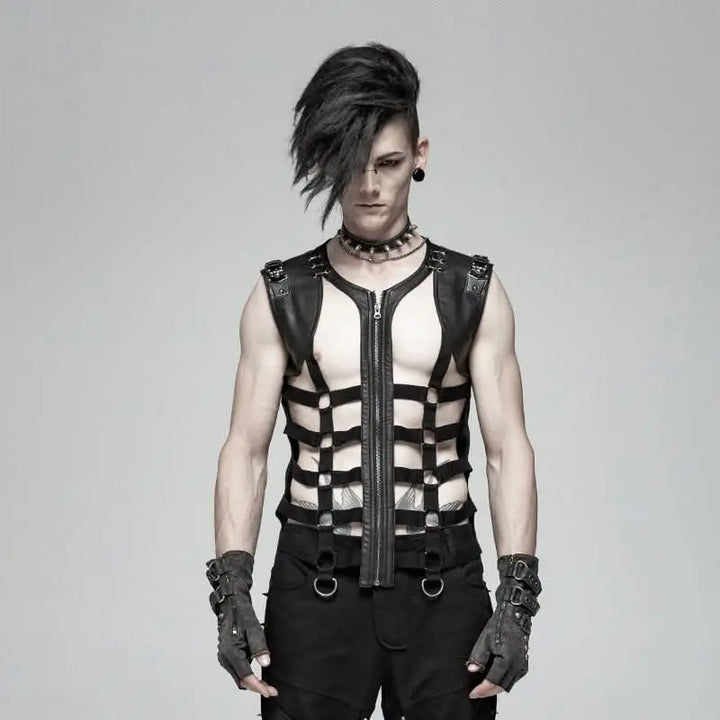 Herren Skeleton Weste im Post Apocalyptic Käfig Look mit O-Ringen und Riemen – Punk Rave