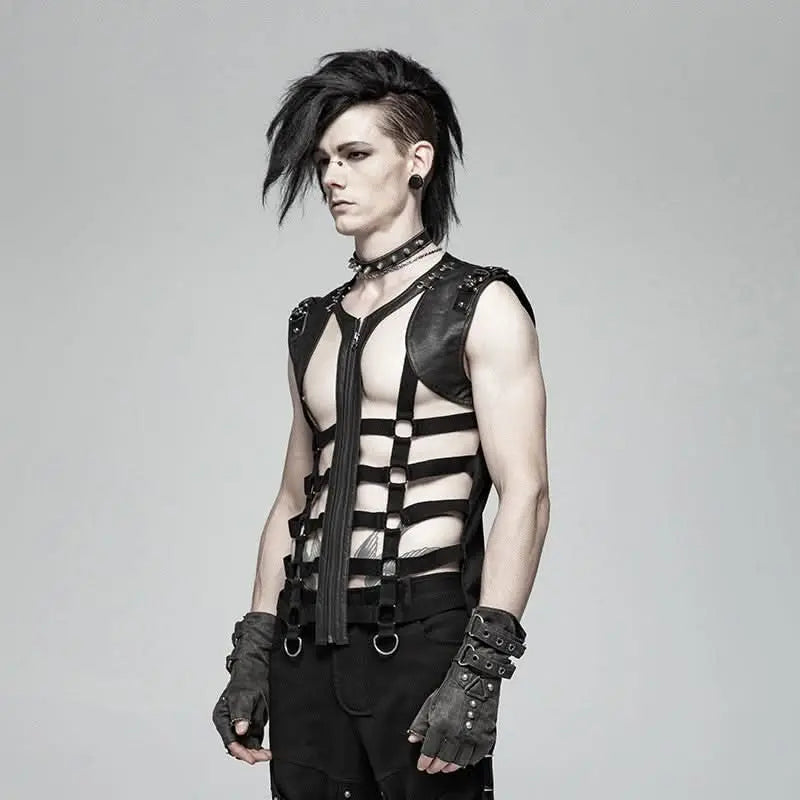 Schwarze Fetisch Weste für Herren mit Cut-Out Design und Zipper – Punk Rave