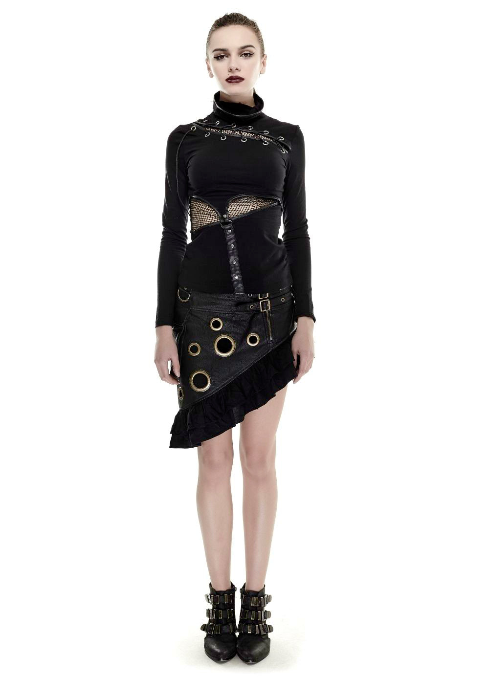 Schwarzer asymmetrischer Steampunk Rock aus Kunstleder mit Ösen und Schnallen