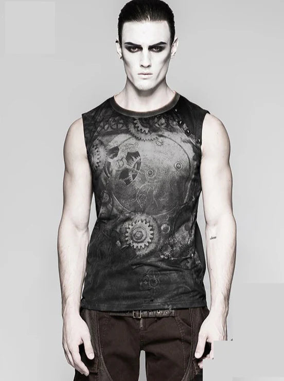 Ärmelloses Steampunk Gothic Herren Tank Top mit Zahnrad-Print