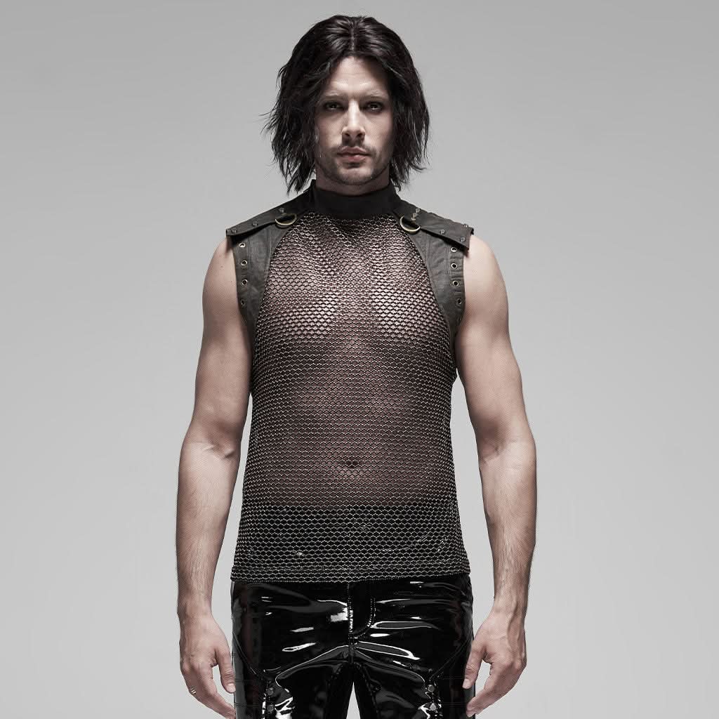 Herren Steampunk Top von Punk Rave mit Mesh und Nieten – Frontansicht