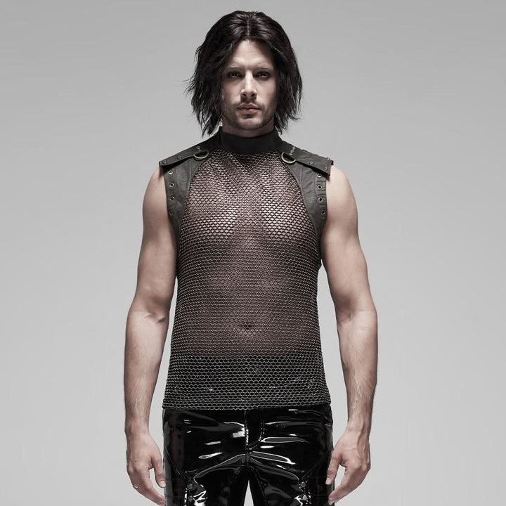 Herren Steampunk Top von Punk Rave mit Mesh und Nieten – Frontansicht