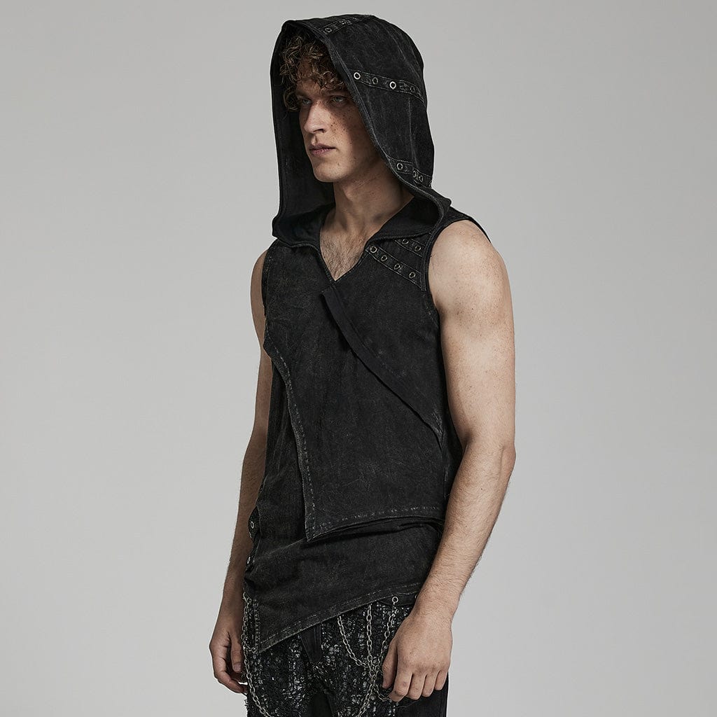 Punk Rave Herren Tank Top mit Kapuze – Distressed Look, asymmetrisch, schwarz.