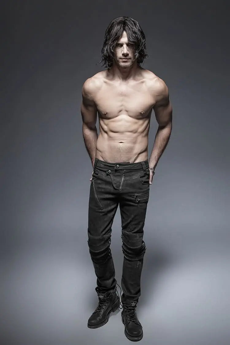 Schwarze Punk Rave Jeans im Grunge-Stil – Frontansicht