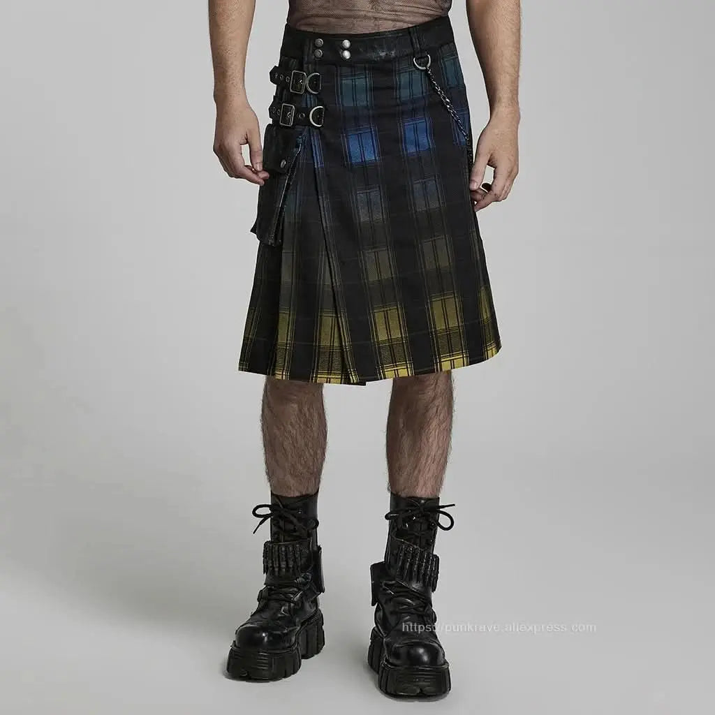 Vorderansicht des Punk-Rave-Kilts, Farbverlauf blau-gelb, Karomuster, gepresste Falten