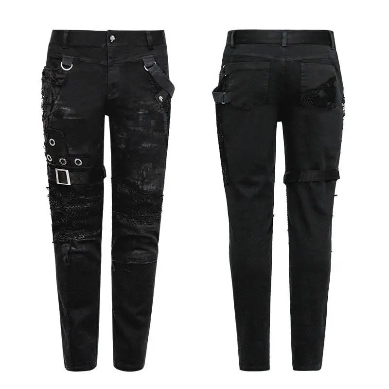 Schwarze Stretchhose von Punk Rave mit rockigen Details und asymmetrischem Materialmix