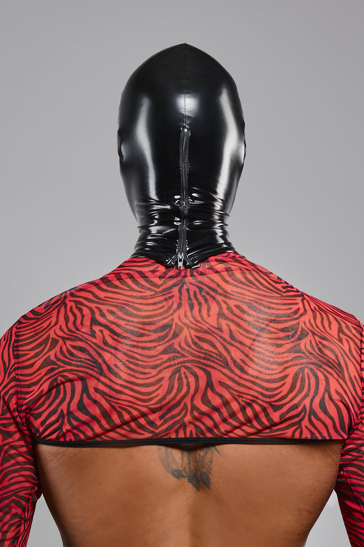 Rückseite der abschließbaren Vinylmaske mit verriegelbarem Reißverschluss