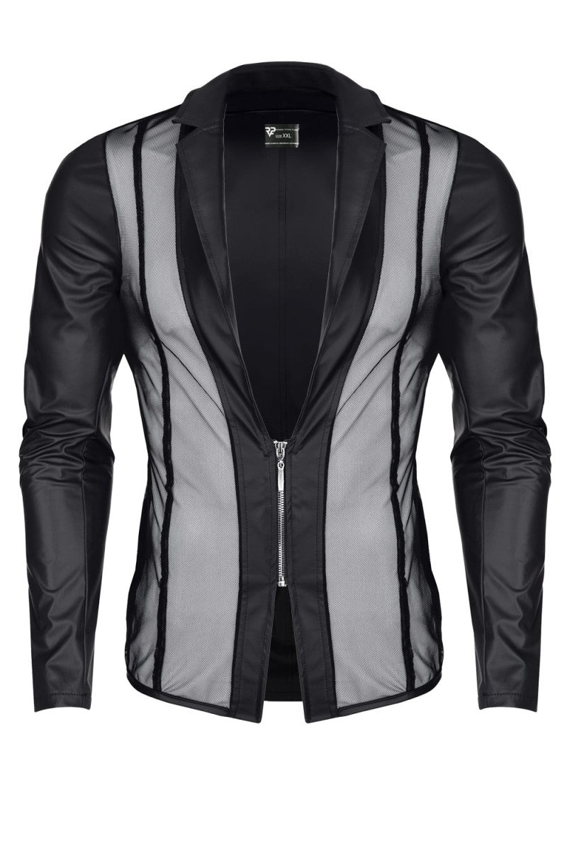 Schwarze Wetlook Netz Jacke für Männer mit tiefem V-Ausschnitt und Slim-Fit Design