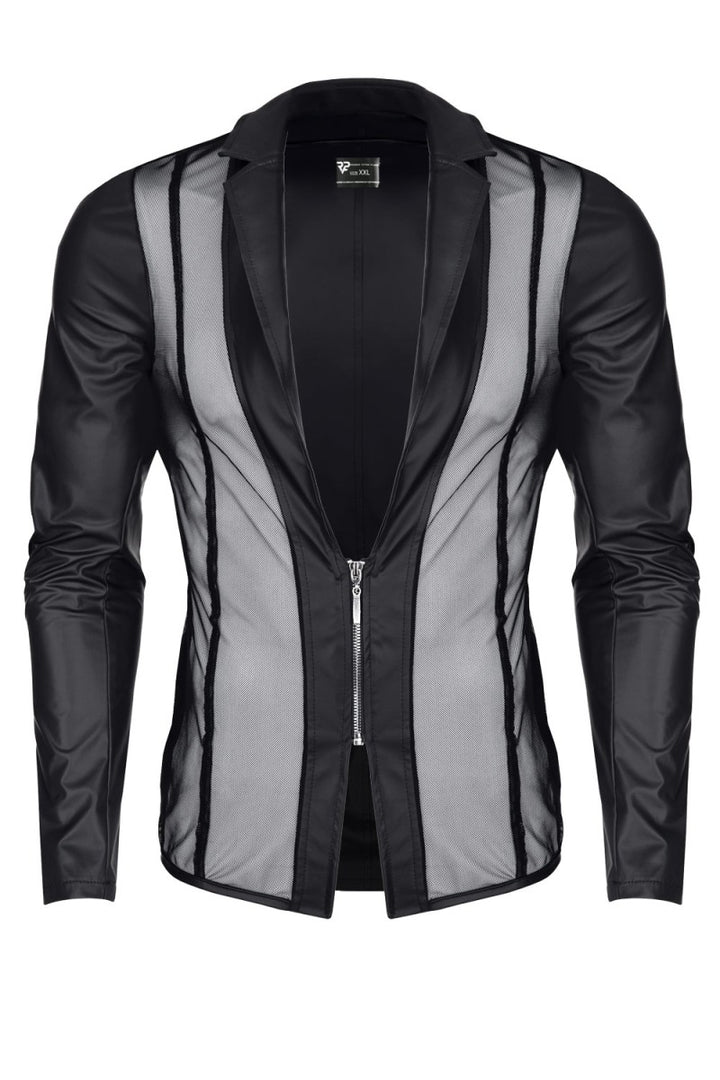 Schwarze Wetlook Netz Jacke für Männer mit tiefem V-Ausschnitt und Slim-Fit Design