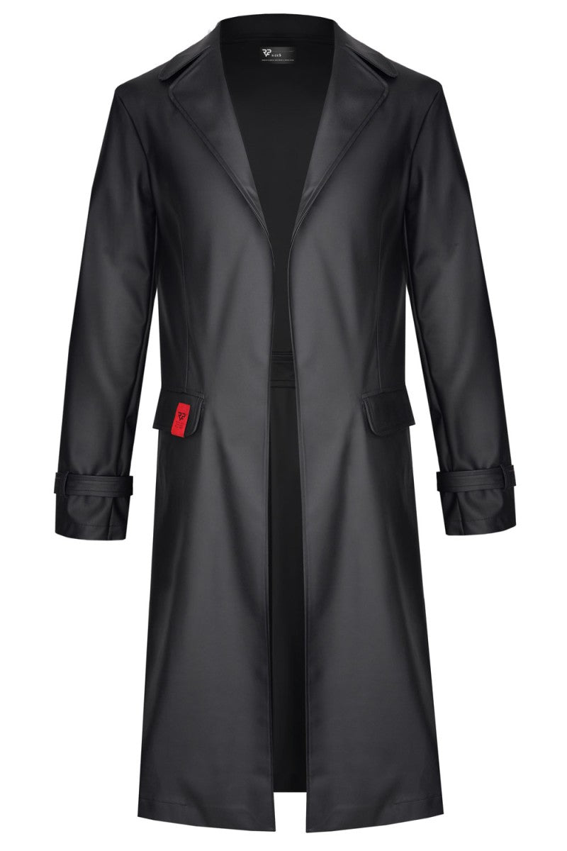 Langer schwarzer Wetlook Herrenmantel Massimo von RFP mit Slim-Fit und roten Nähten