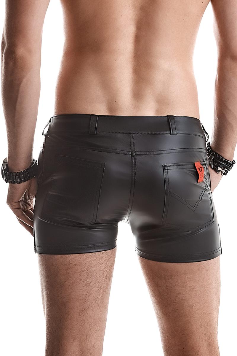Rückansicht der Regnes Fetish Planet Wetlook Shorts mit Gesäßtaschen