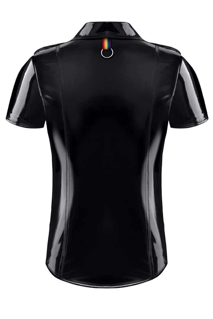 Detailaufnahme der Schulterklappen mit glänzendem PVC und Rainbow-Akzent