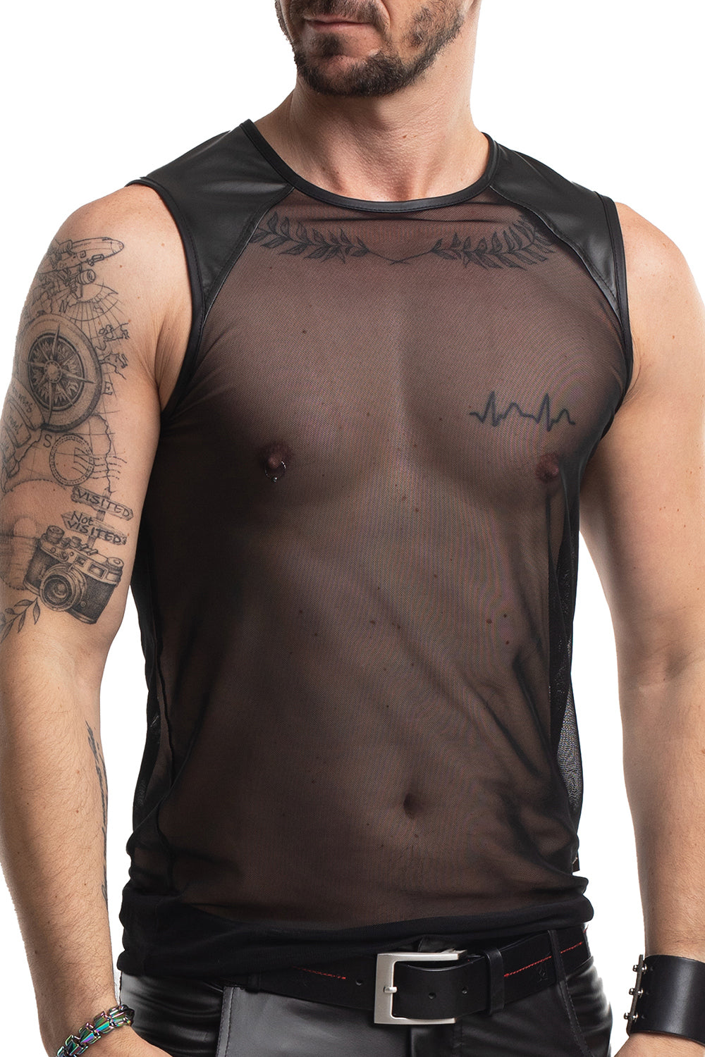 Transparentes Herren Tanktop aus schwarzem Mesh mit Wetlook-Schultern