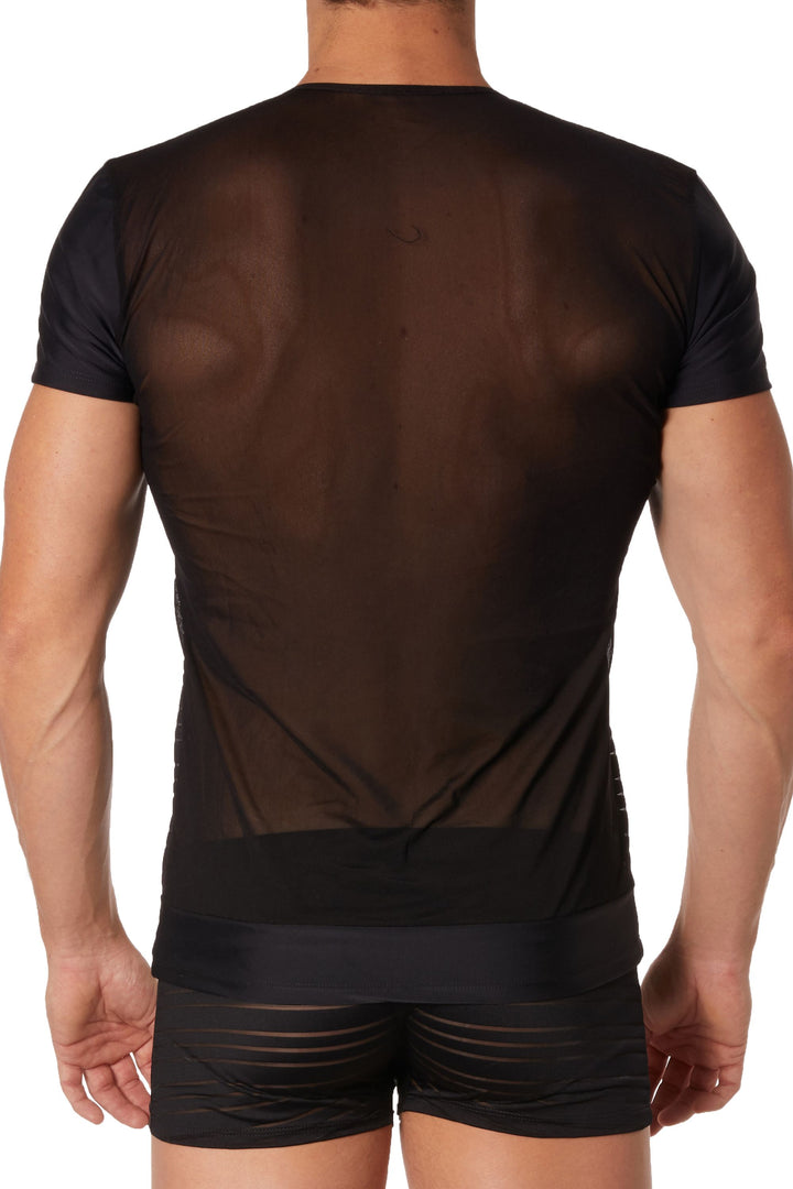 Rückenansicht des Shirts mit transparentem Tüll und figurbetonter Passform