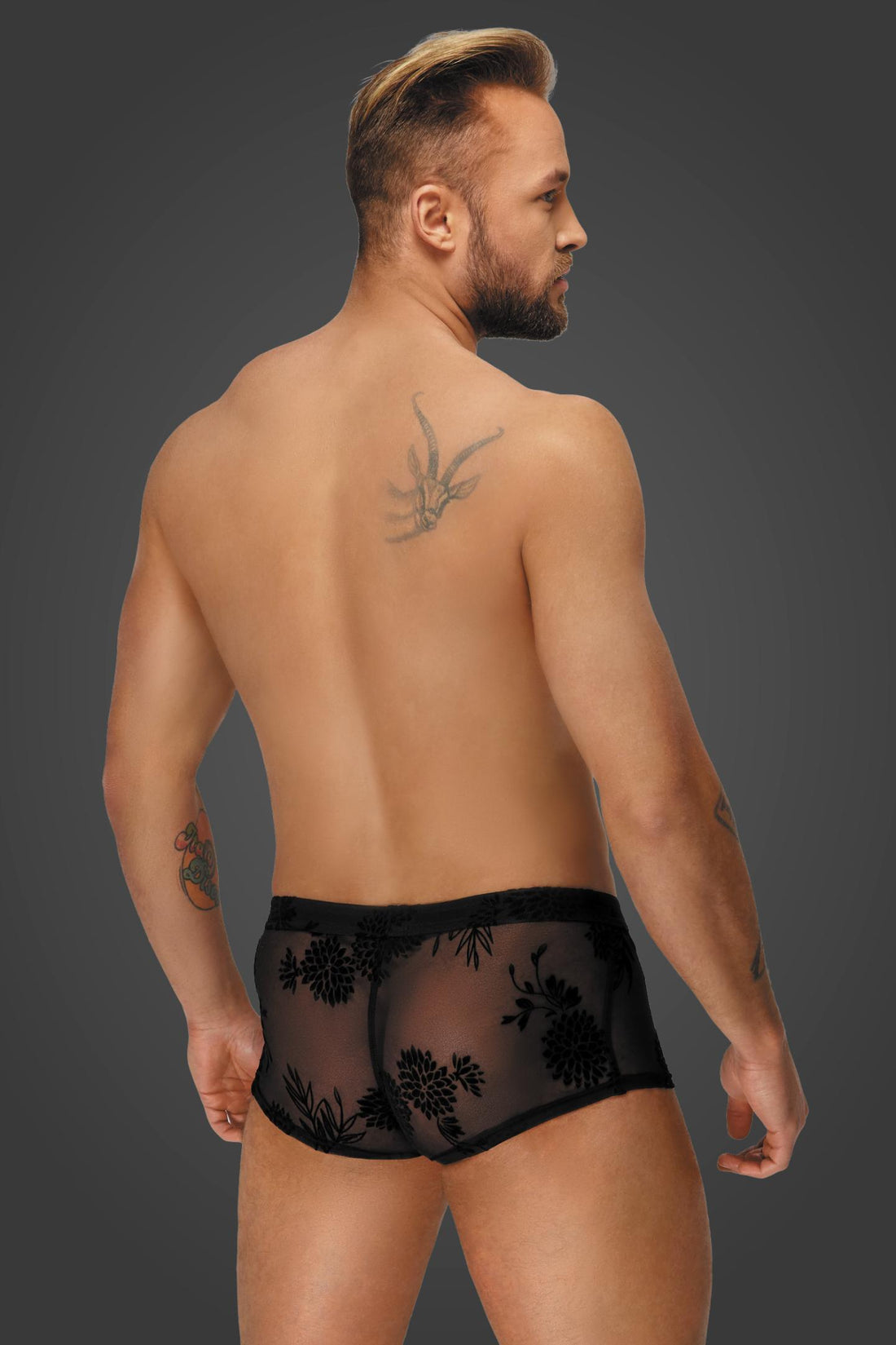 Eng anliegende Herren-Shorts mit floralem Muster in transparenter Optik – Rückseite Noir H074