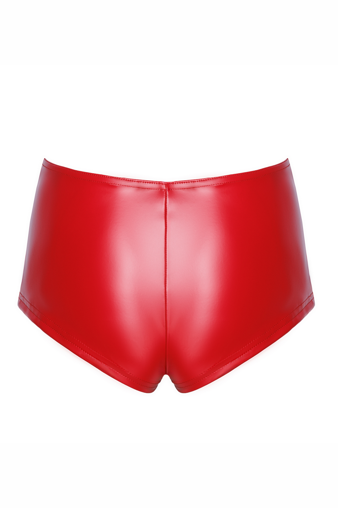 Sexy Rückenansicht der roten Wetlook Shorts – figurbetont & verspielt