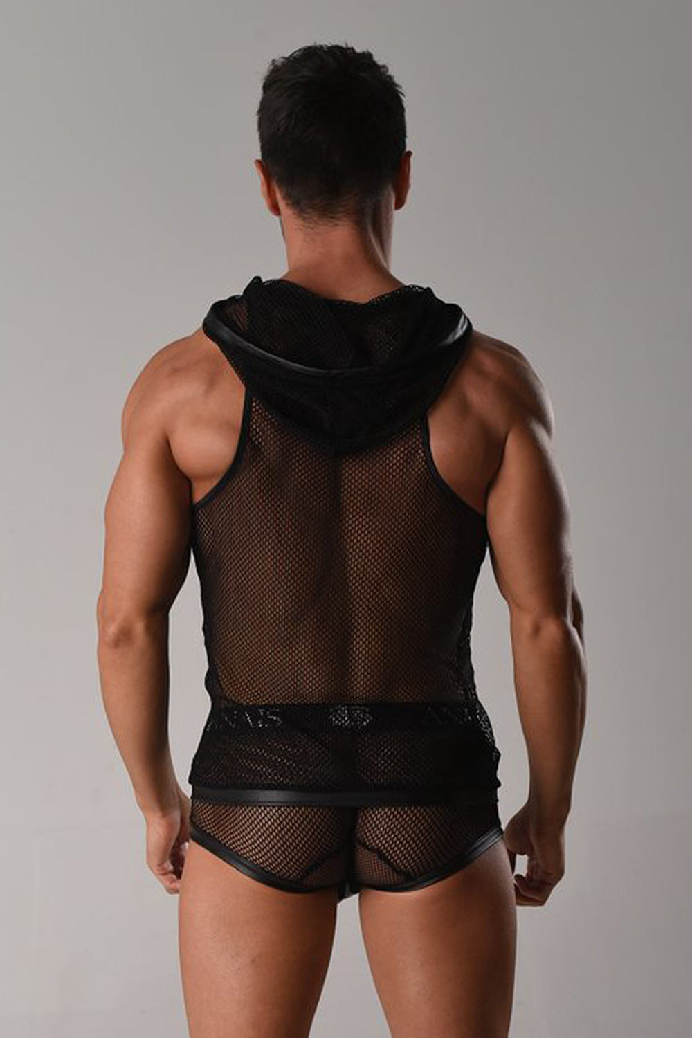 Sexy Netzshirt mit Wetlook-Kapuze von hinten