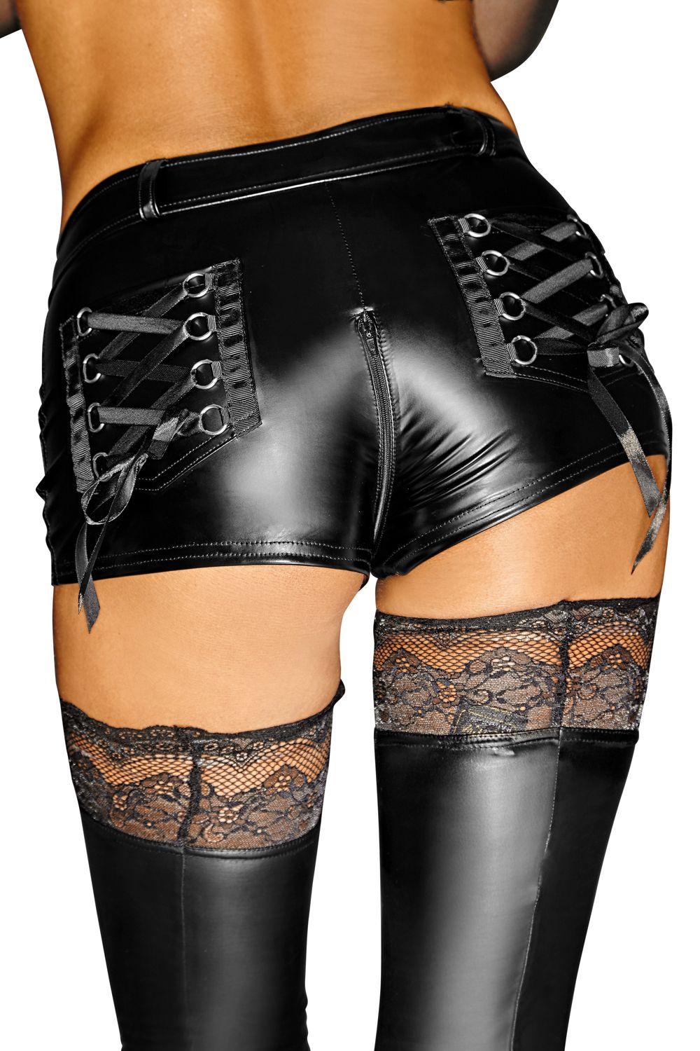 Wetlook Shorts mit Gesäßtaschen und verführerischer Satin-Schnürung hinten