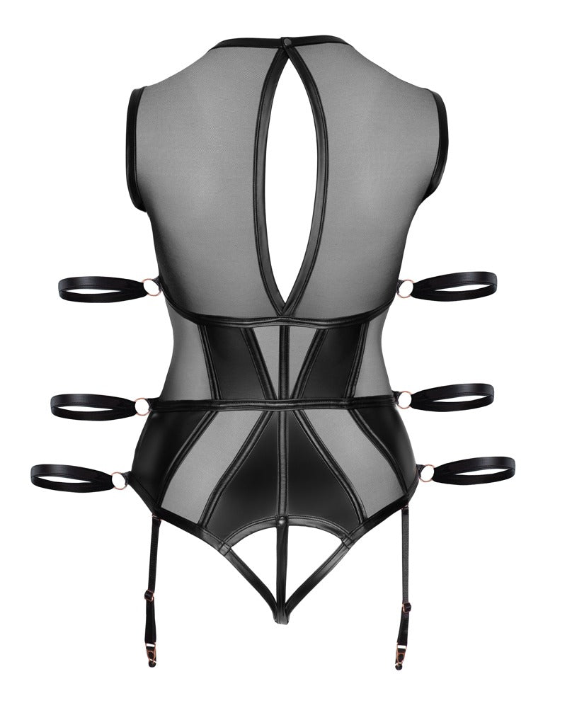 Sexy Rückansicht des Mattlook-Bodys mit transparenter Powernet-Partie und offenen Details | Damen Lack Unterwäsche | secretkey