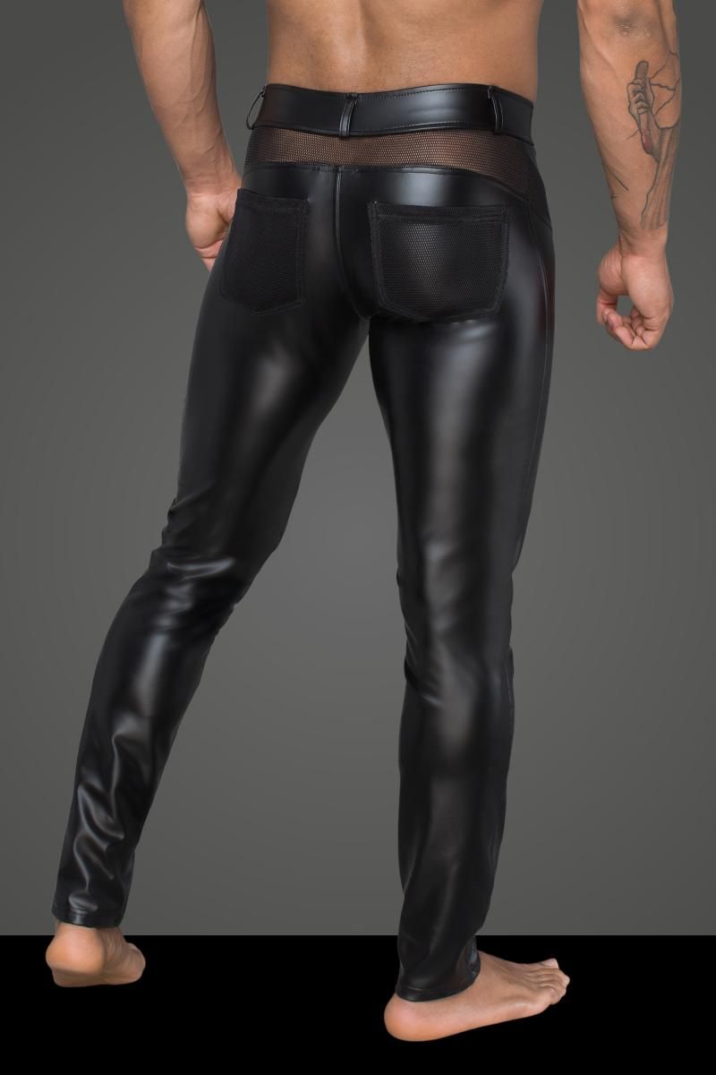 Schwarze Herrenhose mit Netzdetails am Gesäß und figurbetontem Schnitt