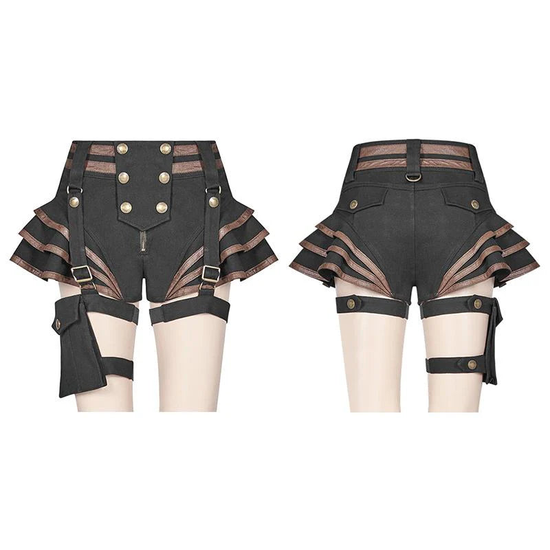 Rüschenvolants mit Lederimitat-Verzierung an Steampunk Shorts im Rüstungs-Stil