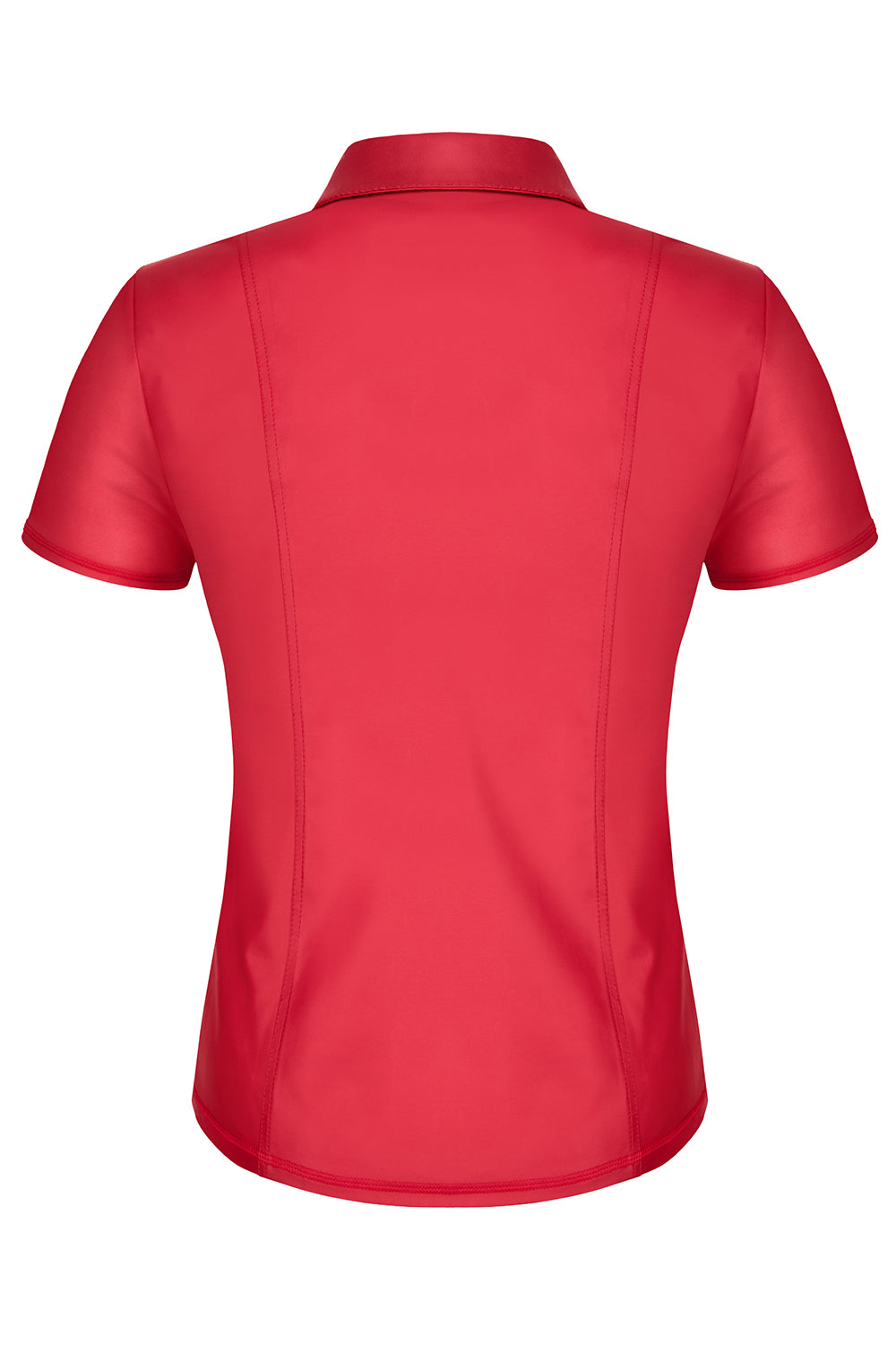 Detailansicht schwarzer Reißverschluss mit Logo am roten Wetlook Polo-Shirt