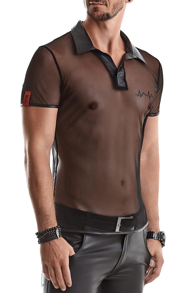 Transparentes Herren-Poloshirt aus Mesh mit Wetlook-Kragen – Frontansicht