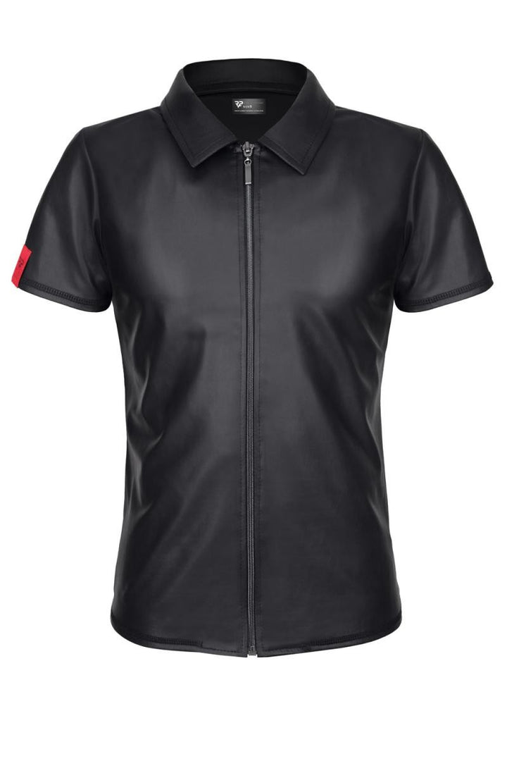 Schwarzes Wetlook-Poloshirt mit Reißverschluss und Kragen für Herren