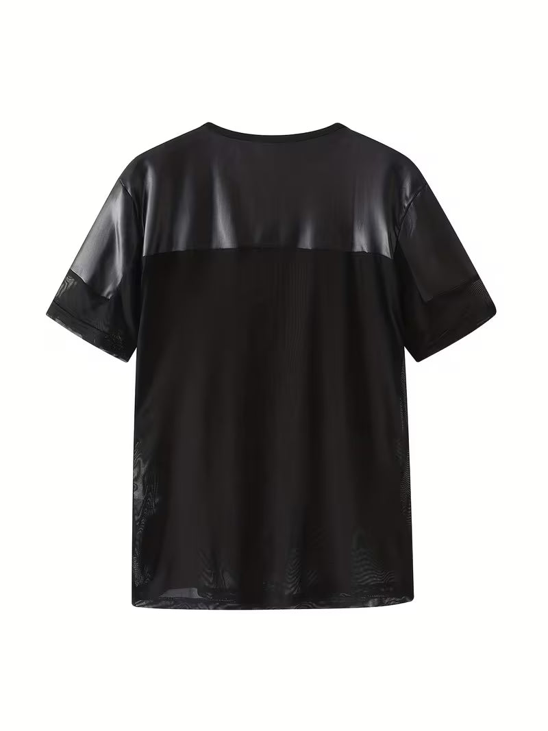 Transtransparentes Herren Mesh-Patchwork T-Shirt in Schwarz