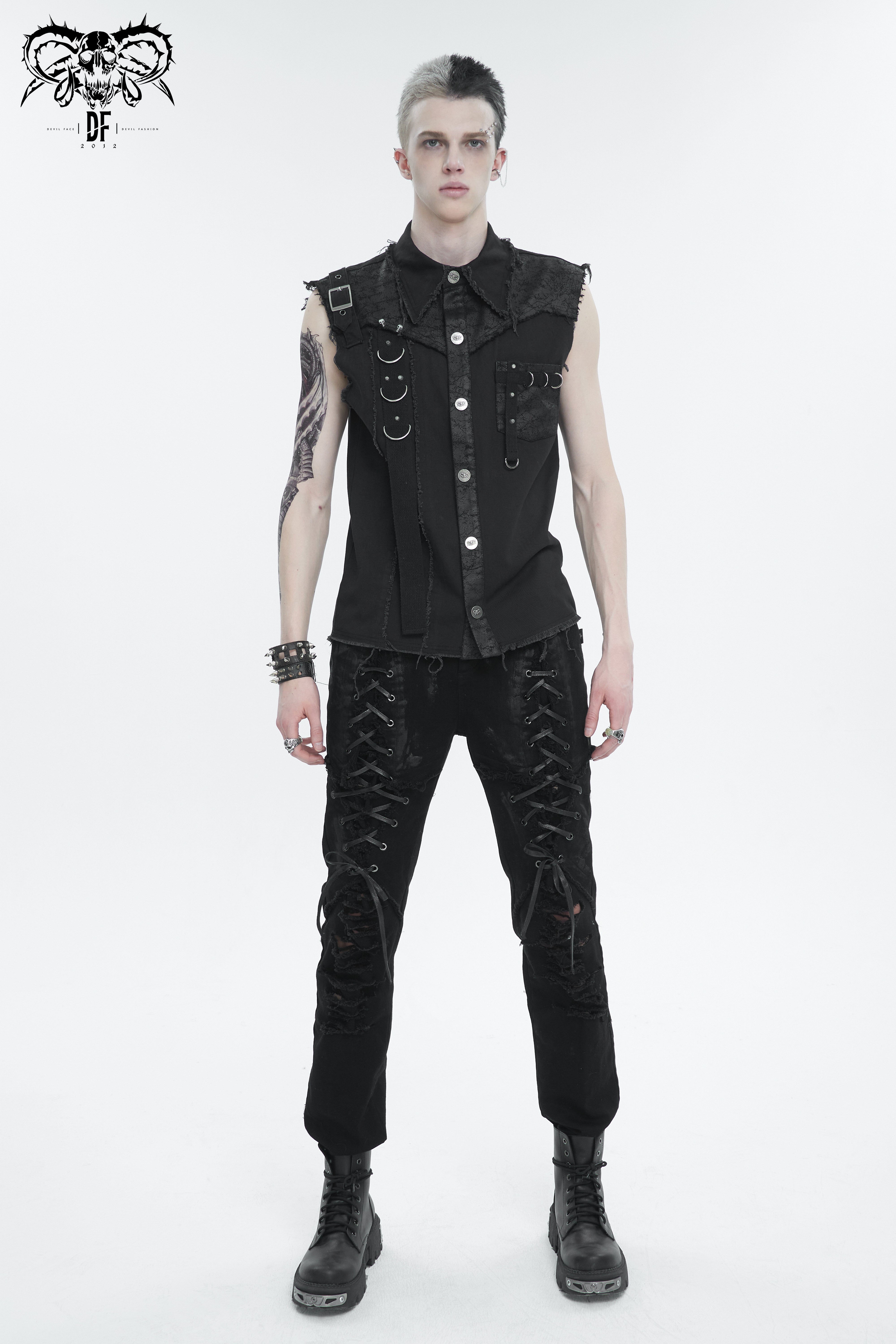 Devil Fashion "Dead" Herren Weste – Distressed Punk Denim mit D-Ringen & Skull-Nieten