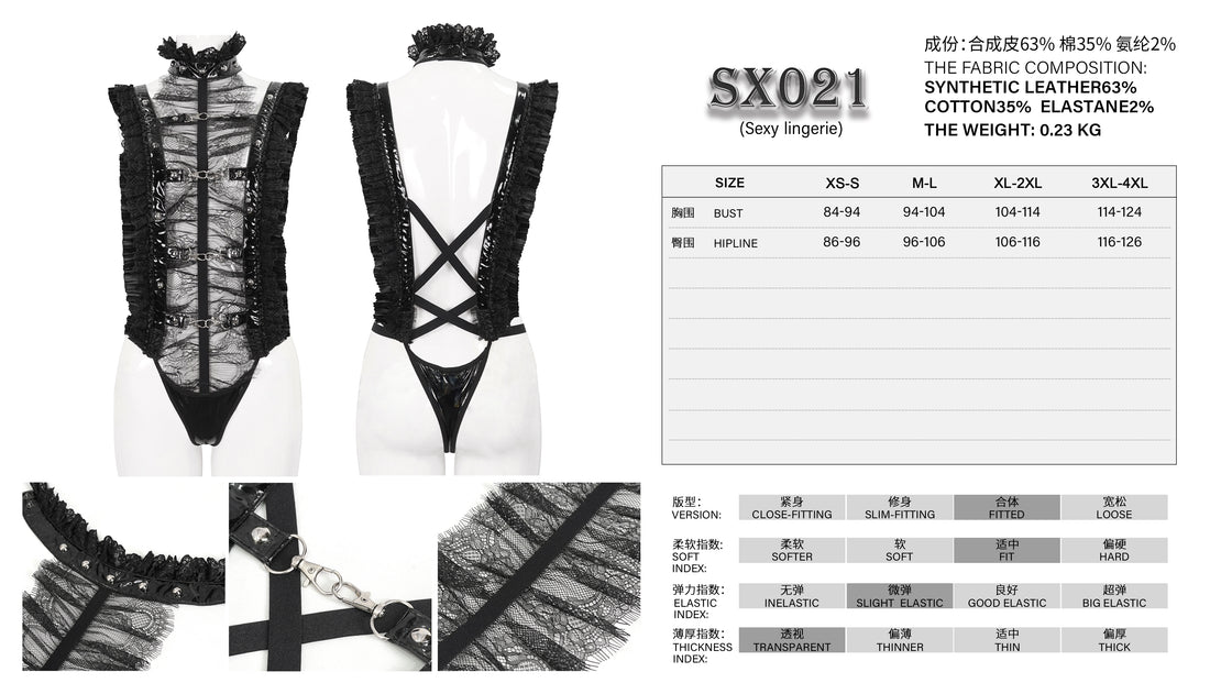 Devil Fashion – Harness-Body „Obsidian Seductress“ aus Spitze & Lack in Schwarz