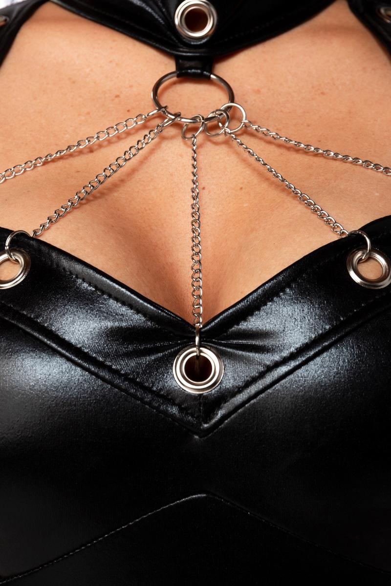 Enges Schlauchkleid in Schwarz mit Halsband-Kragen & silberfarbenen Ketten – Fetisch Clubwear