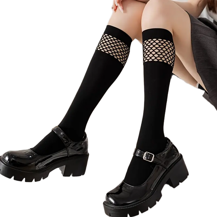 Schwarze Kniestrümpfe mit Netz-Akzent im College-Stil