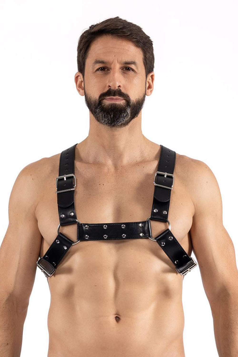 Männer-Harness aus schwarzem Kunstleder mit Metallringen und verstellbaren Frontschnallen